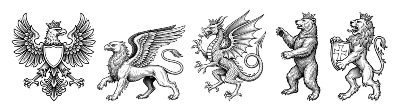 Heraldic animals set with crowns in vintage style