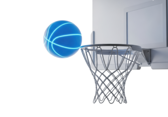 vibrant neon blue basketball scoring in a white hoop, close-up, isolated on a transparent background with high-key studio lighting, shallow depth of field, concept of perfect execution and success