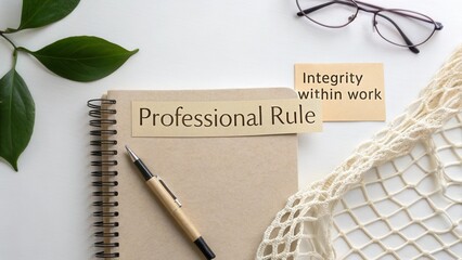 Professional Rule Notebook and Pen with Message of Integrity within Work and Green Leaf Aesthetic for Motivational Themes