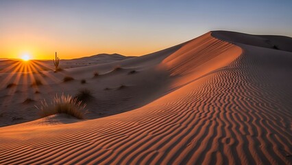 Radiant Desert Sunset: Golden Light on Wavy Sand Dunes Lone Saguaro and Dramatic Sunburst.