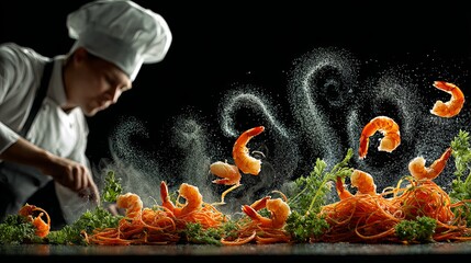 Talented chef preparing stunning shrimp dish with vibrant greens and seasoning, perfect for culinary blog or restaurant menu design, food photography