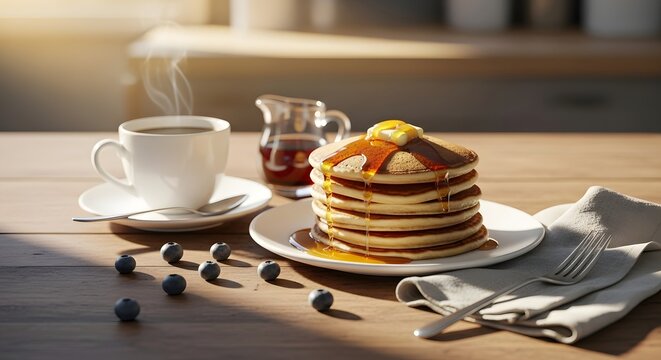 Delicious pancakes with syrup and coffee breakfast food sweet morning meal table blueberries stack