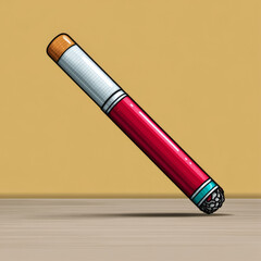 Cartoon illustration of an electronic cigarette in red and white representing modern smoking and vaping against a yellow and wood background