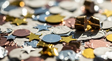 Macro shot of glittering metallic confetti pieces perfect for any festive event