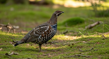 Grouse standing on forest floor with patterned feathers, rounded body, and natural woodland lighting.