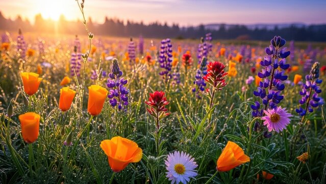 Vibrant wildflower meadow at sunrise with golden light