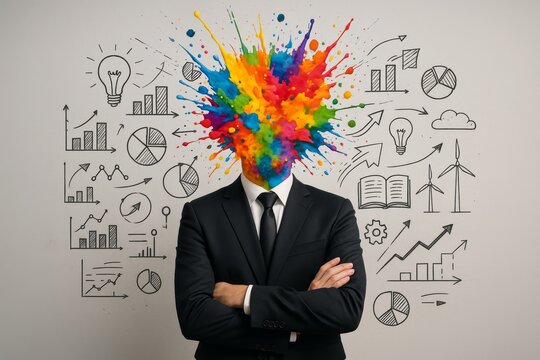 Businessman with exploding colorful paint head surrounded by creative business charts and graphs on gray background expressing innovation concept. Ai generative