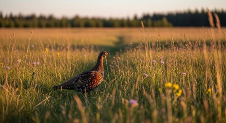 Grouse standing on forest floor with patterned feathers, rounded body, and natural woodland lighting.