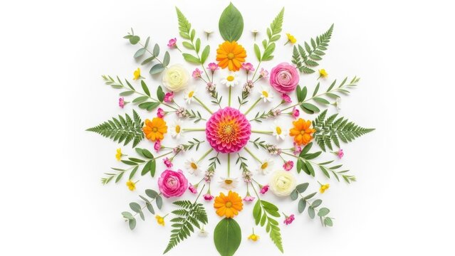 Floral mandala design with vibrant flowers and fresh greenery