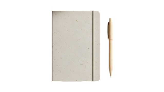 Minimalistic flat-lay of closed recycled notebook with eco-friendly wooden pen beside it, isolated on white background, soft shadows, high-resolution PNG.