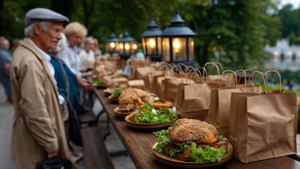 Elderly individuals enjoying a community outdoor meal, featuring gourmet burgers on wooden tables, surrounded by lanterns and greenery, creating a warm and inviting atmosphere for social gathering