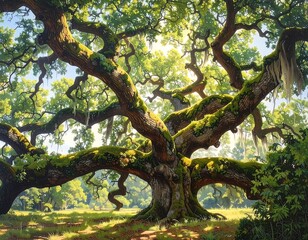 Majestic ancient oak tree with moss-covered branches and lush green foliage