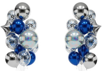 lavish studio still life of chrome silver mylar, sapphire, and iridescent balloons framing white copy space, with falling silver glitter suspended mid-air. glamorous birthday celebration aesthetic
