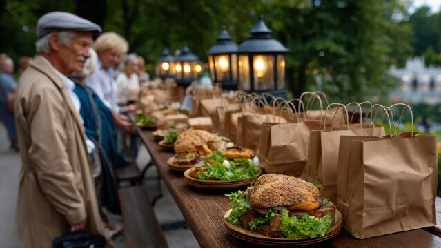 Elderly individuals enjoying a community outdoor meal, featuring gourmet burgers on wooden tables, surrounded by lanterns and greenery, creating a warm and inviting atmosphere for social gathering