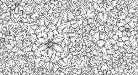 Intricate floral pattern featuring various flowers and leaves in a detailed line-drawing style