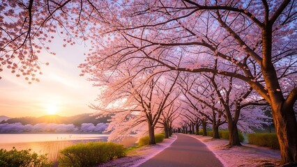 Cherry Blossom Path at Sunrise: A Serene Spring Landscape.
