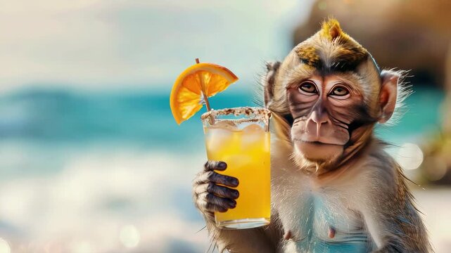 a monkey with a cocktail on the background of the beach. Selective focus