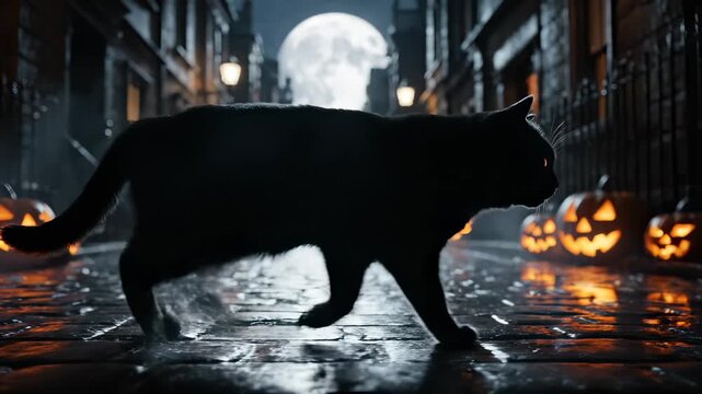 Black cat crosses moonlit street. Silhouette passes glowing jack o lantern and pumpkin. Full moon rises over wet cobble alley. Fog and lamp create eerie halloween vibe. Night scene with long shadow.
