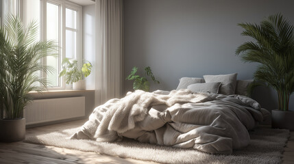 Calm wellness bedroom with natural textures and soft diffused morning light. Neutral toned bedroom with soft blankets, plants, diffused morning light, natural textures, peaceful sanctuary vibe.