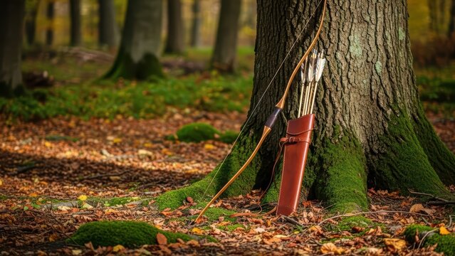 Traditional archery setup with quiver and bow in forest setting