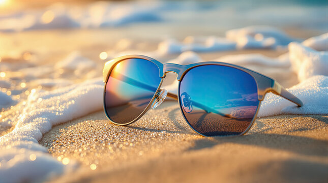 Stylish sunglasses with blue gradient lenses resting on warm sand near soft ocean waves at sunset