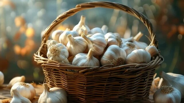garlic in a wicker basket. Selective focus