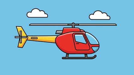 Colorful helicopter flying in a clear blue sky with fluffy clouds, ideal for aviation themes