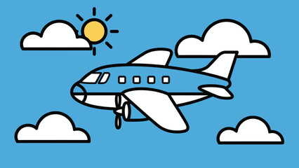 Cartoon airplane flying in a clear blue sky with clouds and a bright sun shining