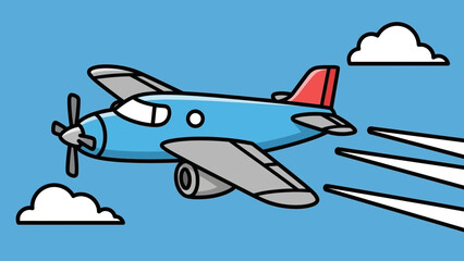 Cartoon airplane flying through a blue sky with clouds and motion lines in the background