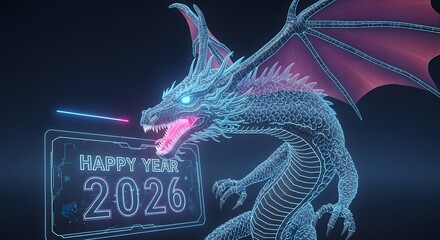 Dragon fantasy year celebration neon glowing digital art creature wings mythical beast new year greetings design