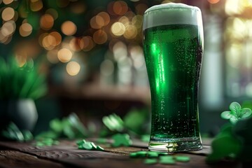 Glass of green beer celebrating saint patrick's day on wooden table with shamrocks
