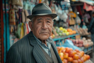Portrait of mature grocery store owner wearing a hat and traditional clothes, posing in a blurred market in south america