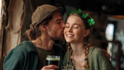 Happy couple celebrating St Patricks Day in a cozy pub, enjoying drinks together and expressing love in a festive atmosphere with decorations