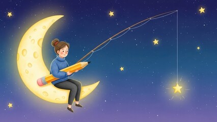 Dreamlike Illustration of Teacher Sitting on Crescent Moon Fishing Stars