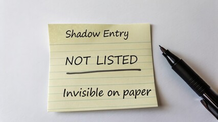 Sticky note with handwritten text, shadow entry not listed, showing invisible ink effect on a plain paper background