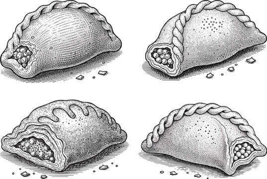 Vintage engraved Maltese pastizzi flaky shell icon set featuring stuffed pastry filling texture and classic traditional style
