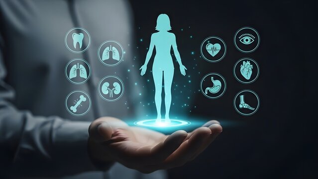 Healthcare technology doctor holding hologram of human body with medical icons