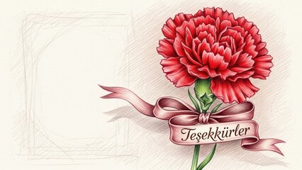Red Carnation Illustration with Ribbon and Teşekk&uuml;rler Message