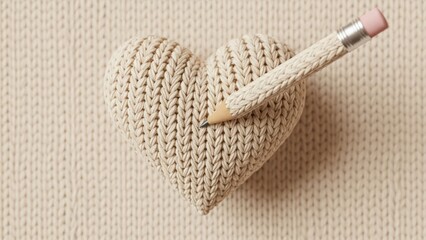 Cozy Knit Heart with Pencil on Soft Cream Knitted Background