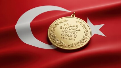 Gold Medal on Turkish Flag Symbolizing Years of Service Award