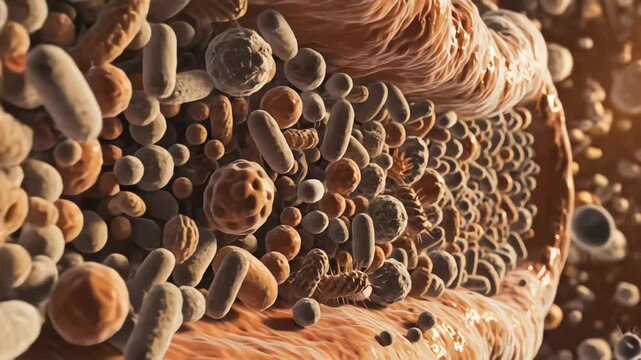 Dynamic microbiome scene with varied bacteria drifting inside a soft, warm, organic gut environment
