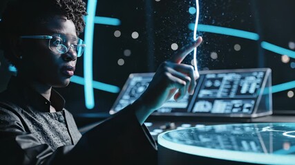Woman works with futuristic interface. Engineer analyzes data on holographic screen. This woman uses a virtual display for work. Specialist touching glowing line on futuristic screen. Technology. - Powered by Adobe