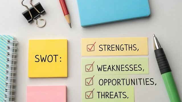 SWOT Analysis Tools and Stationery for Business Planning and Strategy Development on Grey Background