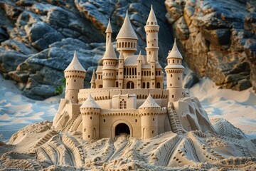 Obraz premium Intricate sandcastle built on a sandy beach, with a rocky cliff in the background