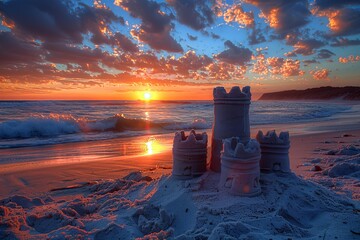 Obraz premium Majestic sandcastle illuminated by golden sunset light on a beautiful sandy beach