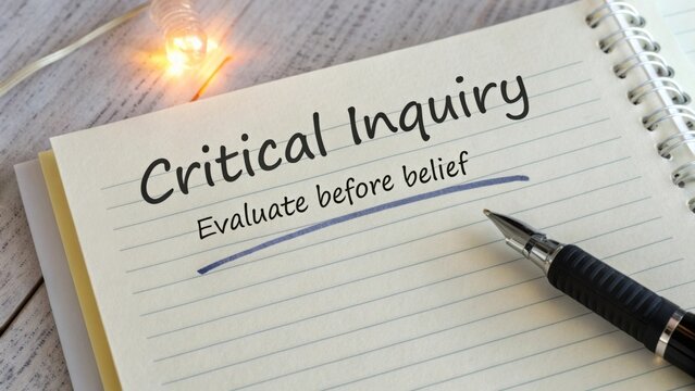 Thought-provoking notebook page with handwritten text encouraging critical inquiry and evaluation of beliefs before acceptance