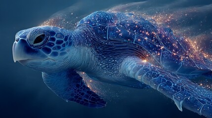 Fototapeta premium Majestic sea turtle glides gracefully through the deep blue ocean, radiating vibrant energy and sparkling light in an underwater wonderland