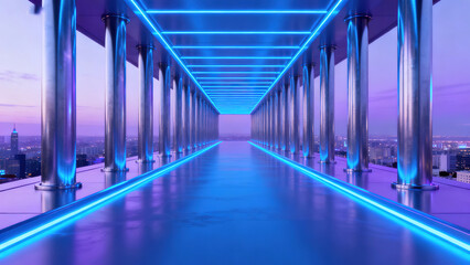 Fototapeta premium Blue Light Metal Column City Corridor 3D Scene