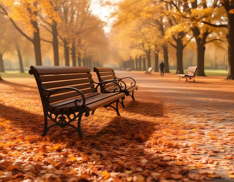 Autumn park scene with benches and fallen leaves on a sunny afternoon walk