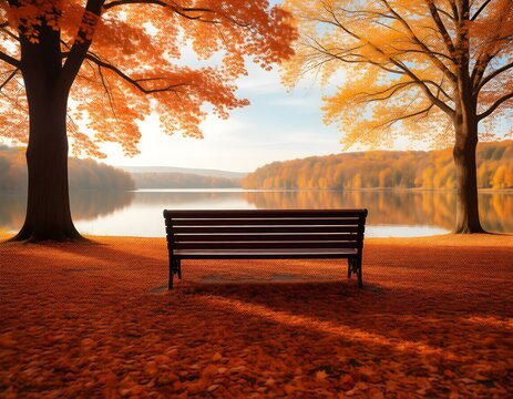Empty park bench overlooking a serene lake surrounded by autumn foliage trees